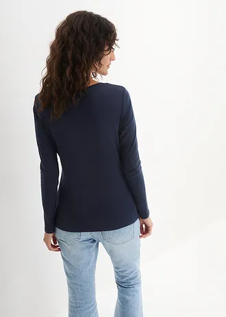 Katoenen longsleeve met ronde hals, Kleur: donkerblauw