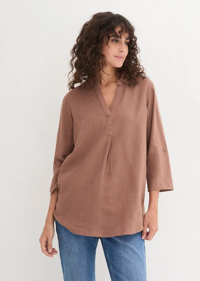 Blouse met linnen en 3/4 mouwen, Kleur: kastanjebruin