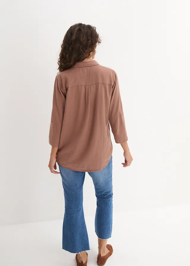 Blouse met linnen en 3/4 mouwen, Kleur: kastanjebruin