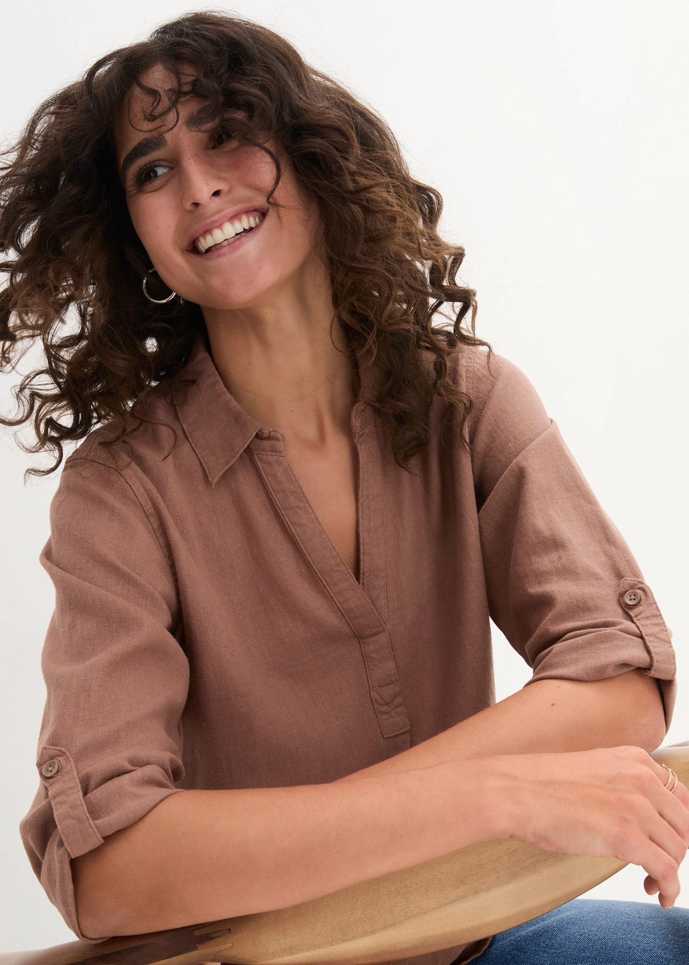 Blouse manches 3/4 en lin mélangé • marron • Boutique bonprix