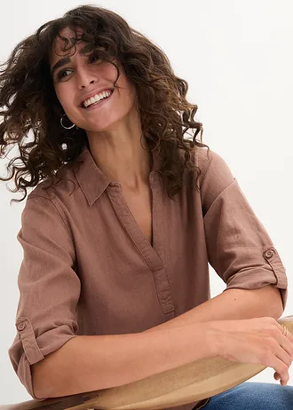 Halenka se lnem, 3/4 rukáv • kaštanově hnědá • bonprix obchod