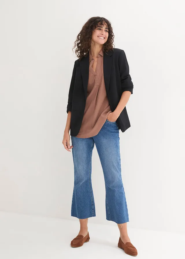 Blouse met linnen en 3/4 mouwen, Kleur: kastanjebruin