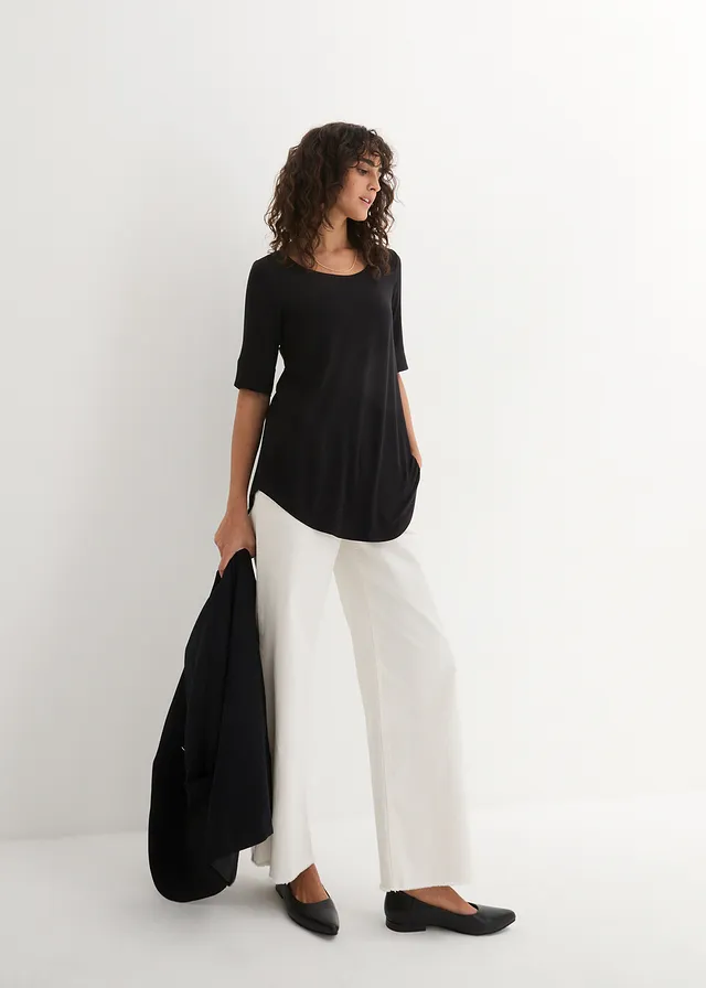 T-shirt long et doux en viscose, Couleur: noir