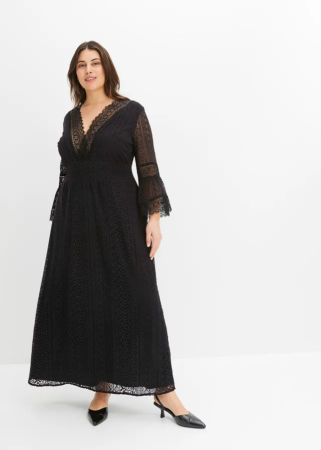 Robe longue aspect crochet, Couleur: noir