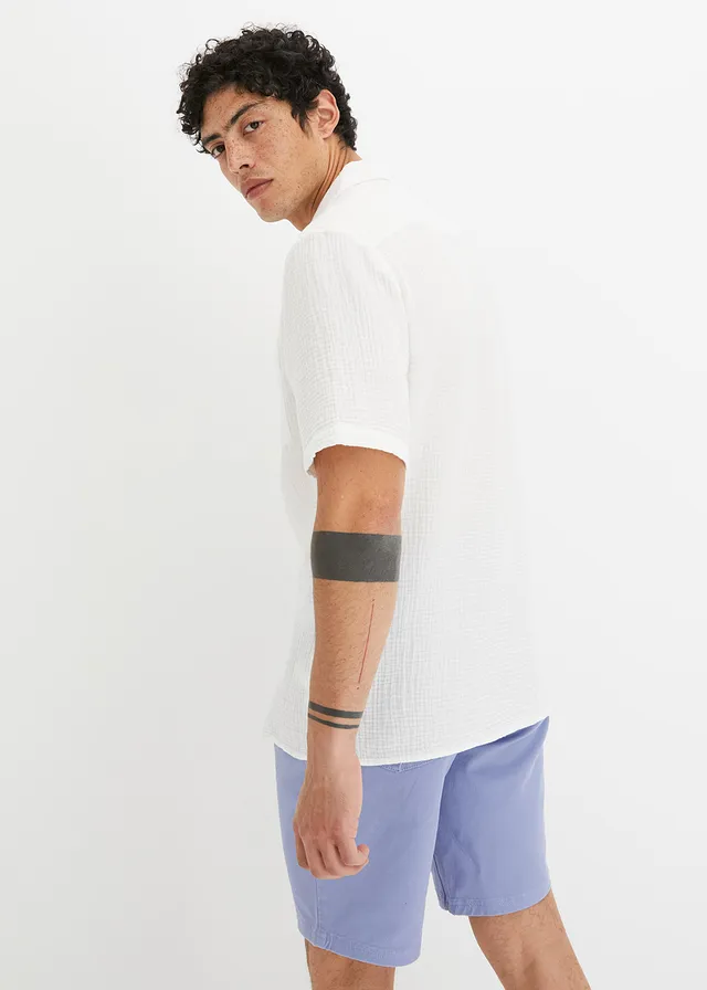 Mousseline overhemd met korte mouwen, Kleur: wolwit