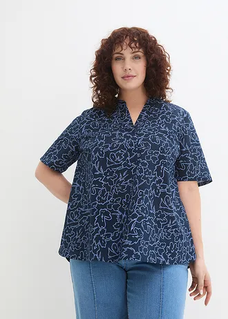 Blouse longue 100% coton, Couleur: bleu foncé/bleu nacré floral