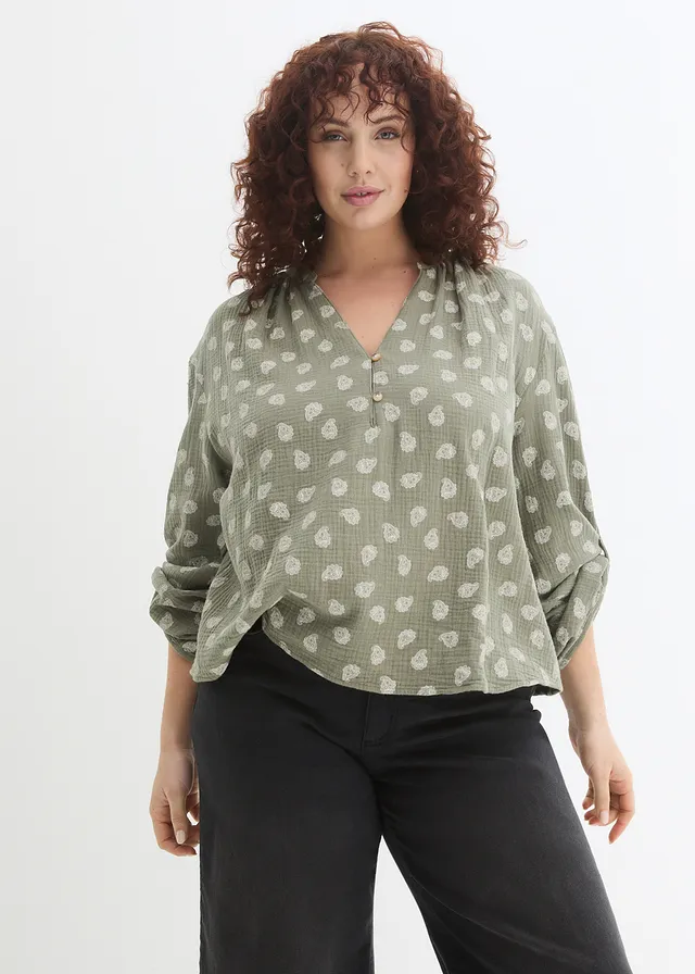 Blouse légère et oversize en gaze de coton, Couleur: olive paisley