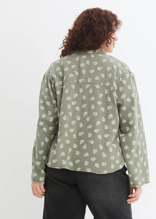 Oversized blouse van luchtige mousseline, Kleur: olijfgroen