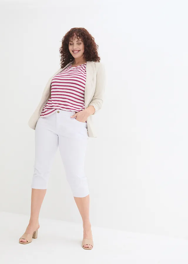 Slim fit jeans met mid waist, cropped, Kleur: wit twill