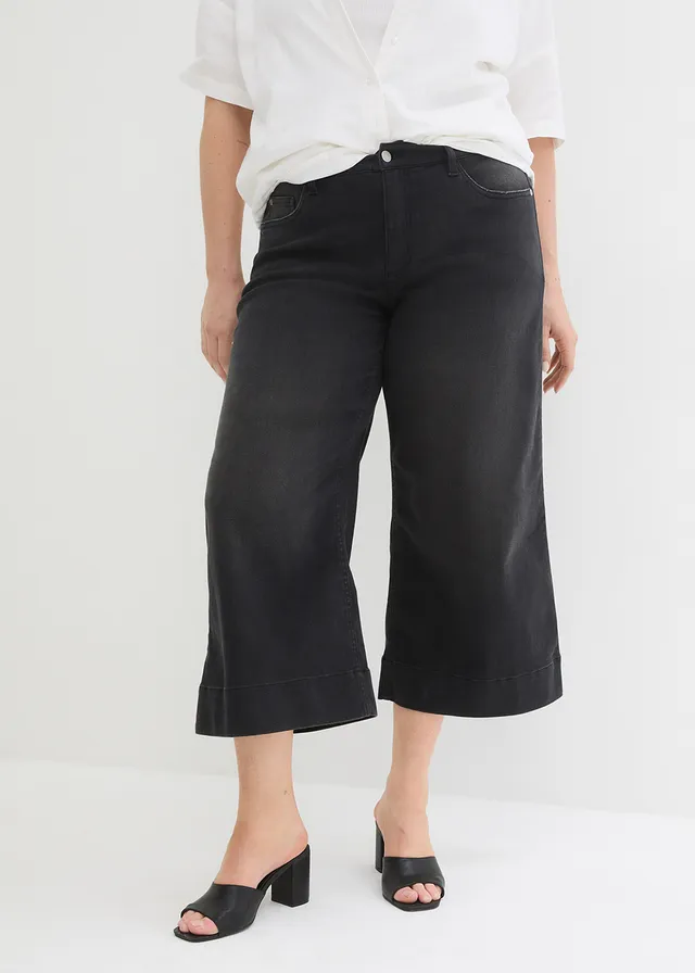 Jupe-culotte en jean ultra-doux, Couleur: noir denim used