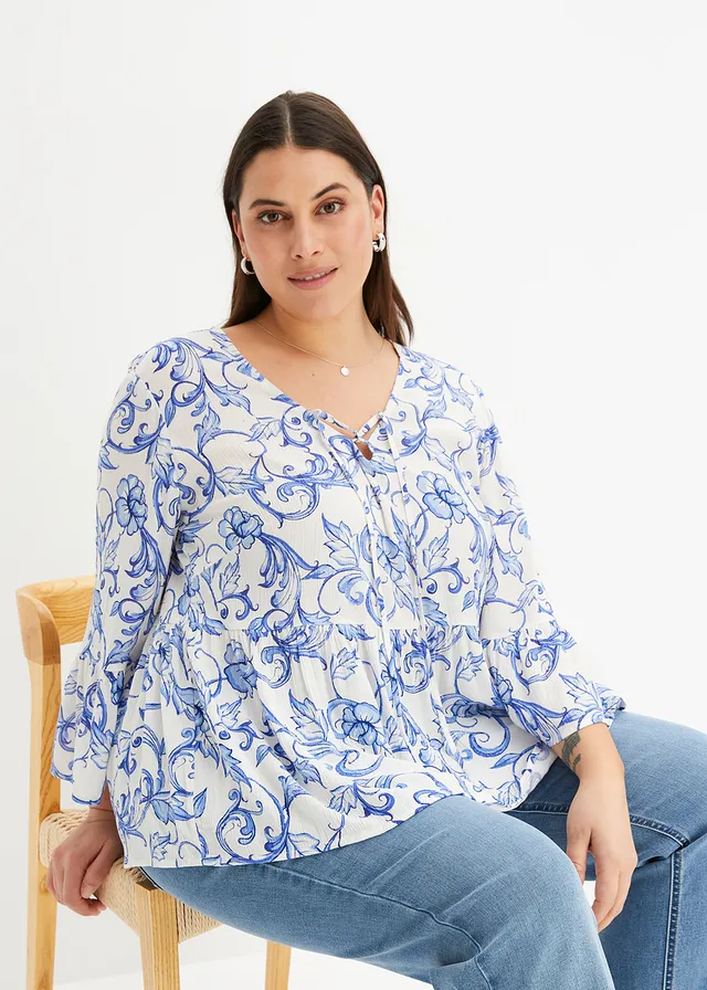 Tuniekblouse van soepele viscose, Kleur: wit-blauw gebloemd