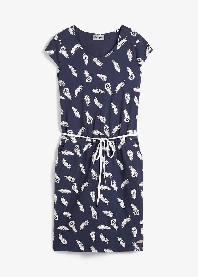 Robe T-shirt, Couleur: bleu foncé imprimé plume