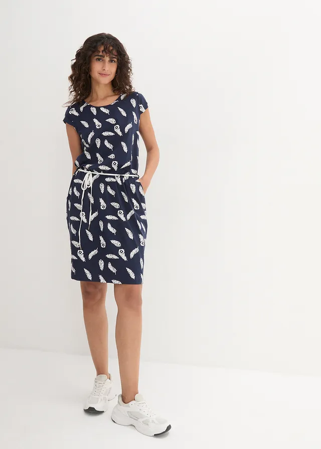 Robe T-shirt, Couleur: bleu foncé imprimé plume