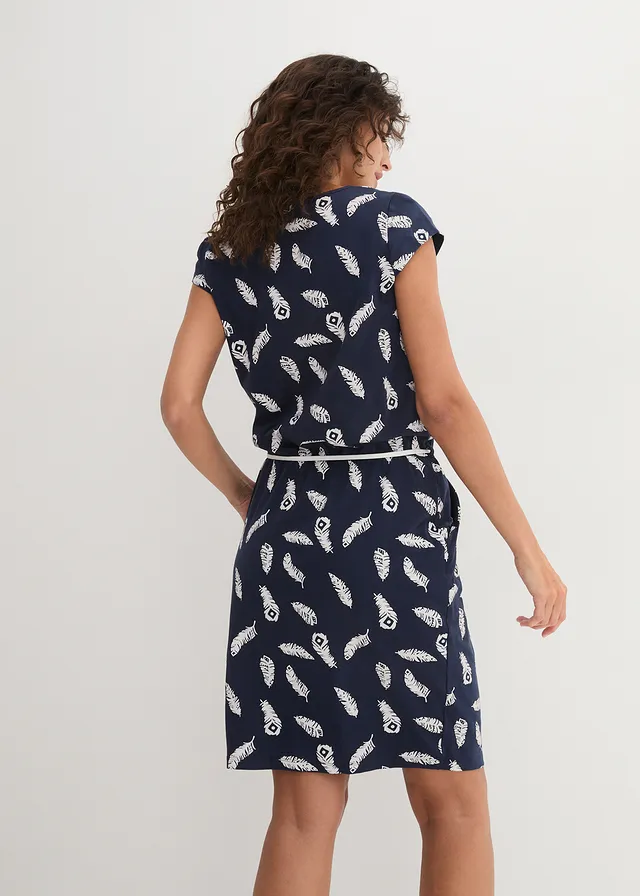Robe T-shirt, Couleur: bleu foncé imprimé plume