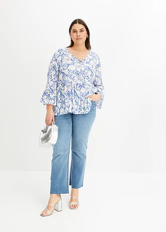 Tuniekblouse van soepele viscose, Kleur: wit-blauw gebloemd