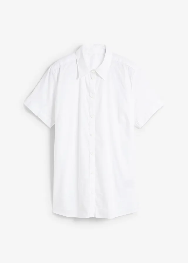 Chemisier manches courtes cintré et extensible en coton majoritaire • blanc • Boutique bonprix