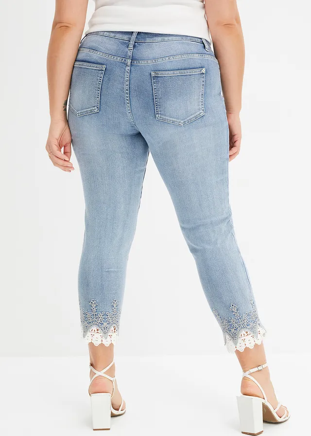 Skinny jeans met kant, Kleur: blauw denim