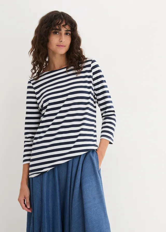T-shirt à encolure bateau, Couleur: blanc/bleu foncé rayé