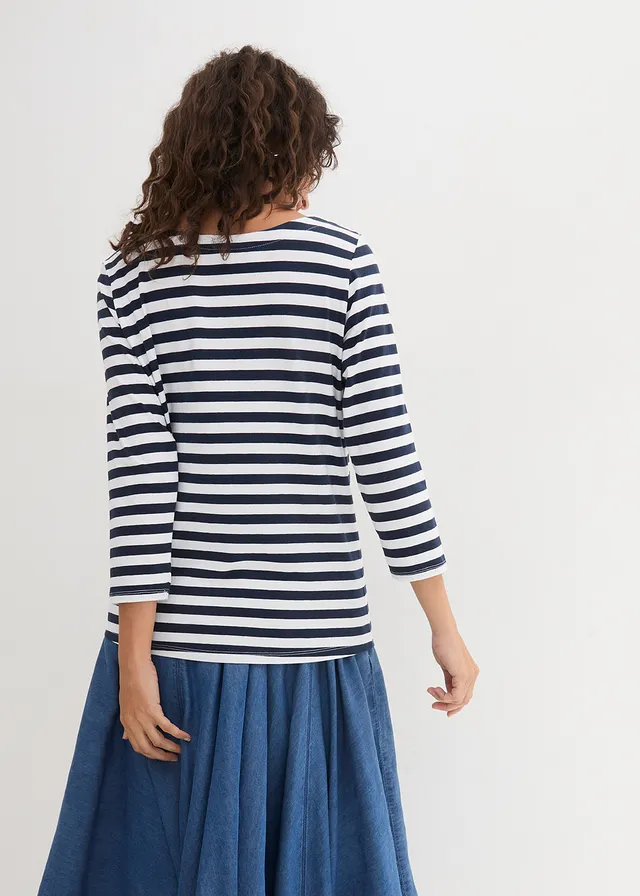 Shirt met 3/4 mouwen en boothals, Kleur: wit-donkerblauw gestreept
