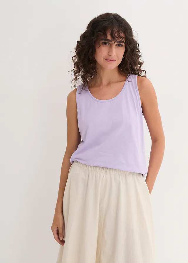 Lot de 5 débardeurs longs 100% coton, Couleur: lavande + sauge fumé  + rose cristal + noir + blanc