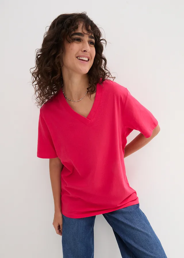 Lot de 5 T-shirts longs et amples à col V, Couleur: noir + rose hibiscus + gris clair chiné + blanc + bleu foncé