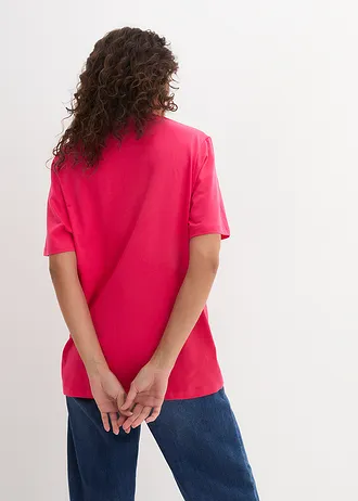 Długi i szeroki T-shirt z dekoltem w serek, krótki rękaw (5 sztuk) • czarny+różowy hibiskus+jasnoszary melanż+biały+ciemnoniebieski • sklep bonprix