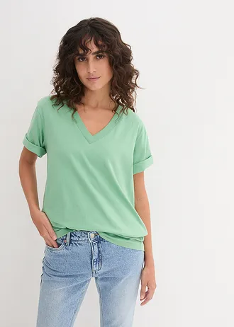 Lot de 5 T-shirts longs et amples à col V, Couleur: rose/mauve clair/menthe/jaune elfique/bleu foncé