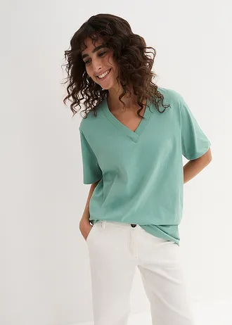 Wijd longshirt met V-hals, korte mouw  (set van 5) • licht lime + saliegroen + middernachtblauw + lichtgrijs gemêleerd + zwart • bonprix online shop