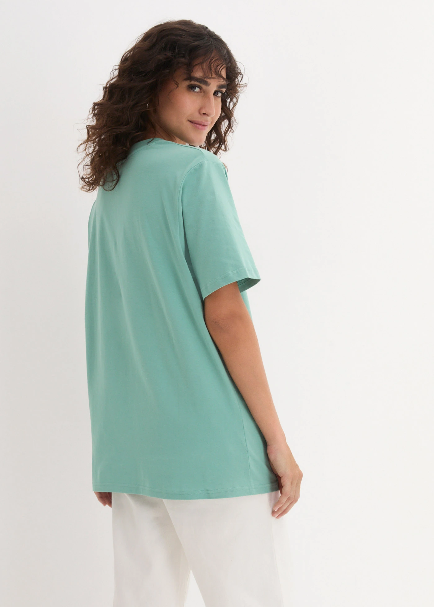 Wijd longshirt met V-hals, korte mouw  (set van 5) • licht lime + saliegroen + middernachtblauw + lichtgrijs gemêleerd + zwart • bonprix online shop