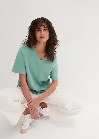 Wijd longshirt met V-hals, korte mouw  (set van 5) • licht lime + saliegroen + middernachtblauw + lichtgrijs gemêleerd + zwart • bonprix online shop