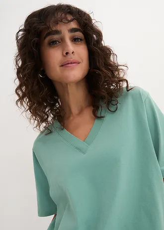 Wijd longshirt met V-hals, korte mouw  (set van 5) • licht lime + saliegroen + middernachtblauw + lichtgrijs gemêleerd + zwart • bonprix online shop