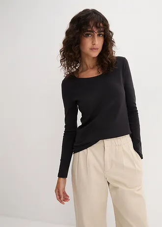 Katoenen longsleeve met ronde hals, Kleur: zwart