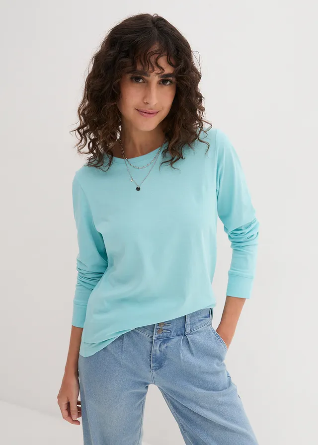 Lot de 5 T-shirts longs à col rond, manches longues, Couleur: rose cristal + menthe pastel + turquoise mat + mauve fumé + blanc