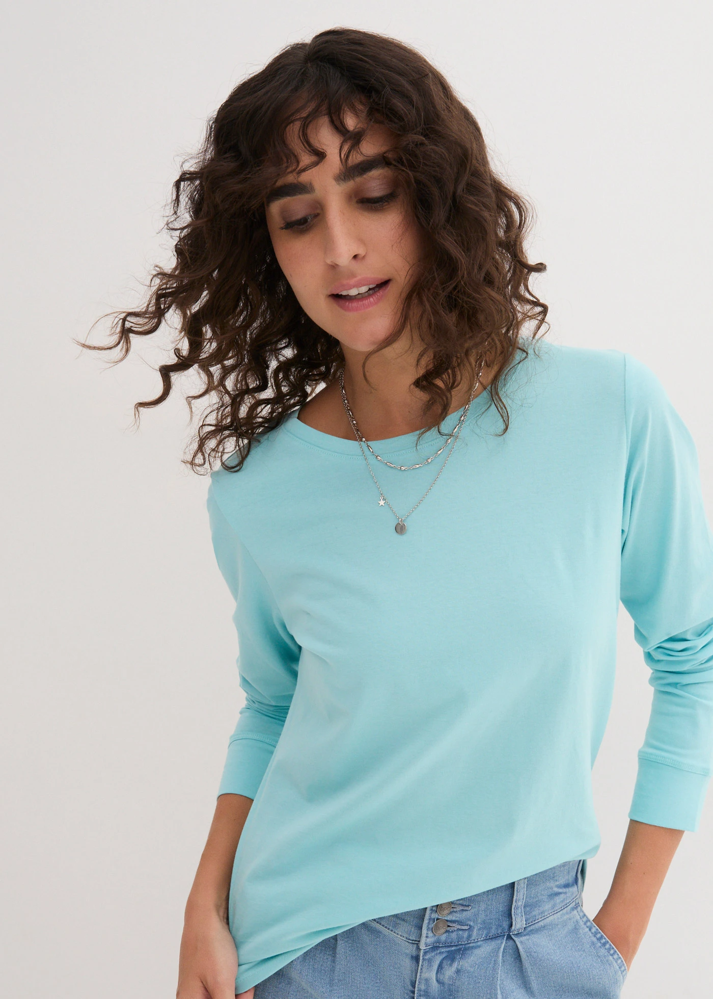 Longshirt met ronde hals, lange mouw (set van 5) • kristalroze+pastelmint+mat aqua+rooklila+wit • bonprix online shop