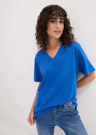 Wijd longshirt met V-hals, korte mouw  (set van 5) • lichtkoraal + kreeftrood + lichtblauw + azuurblauw + wit • bonprix online shop