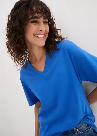 Wijd longshirt met V-hals, korte mouw  (set van 5) • lichtkoraal + kreeftrood + lichtblauw + azuurblauw + wit • bonprix online shop