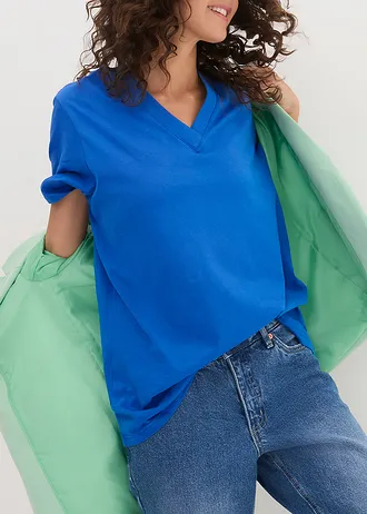 Wijd longshirt met V-hals, korte mouw  (set van 5) • lichtkoraal + kreeftrood + lichtblauw + azuurblauw + wit • bonprix online shop