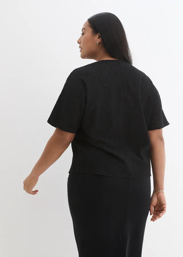 Vleermuisshirt met broderie anglaise, Kleur: zwart