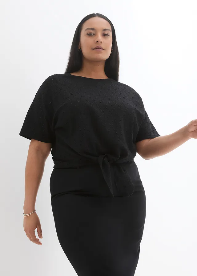T-shirt manches chauve-souris avec broderie anglaise, Couleur: noir