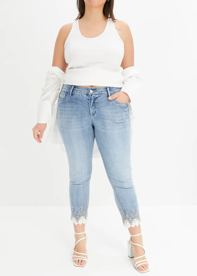 Skinny jeans met kant, Kleur: blauw denim