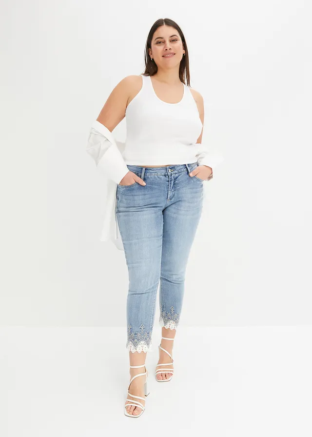 Skinny jeans met kant, Kleur: blauw denim