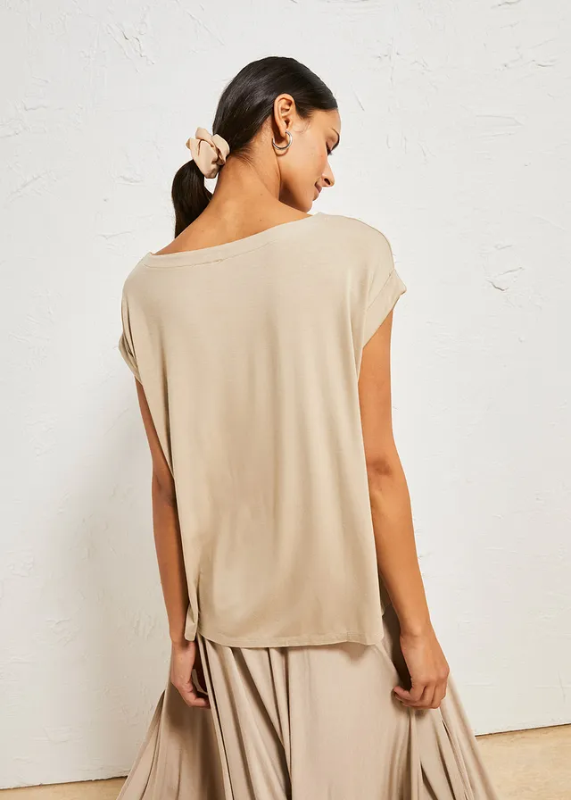 Oversized shirt van vloeiende viscose, Kleur: sand