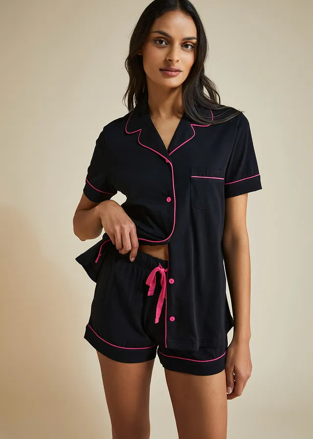 Shortama met knoopsluiting (2-dlg. set), Kleur: zwart