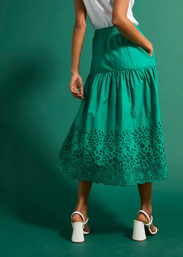 Midirok van puur katoen met broderie anglaise, Kleur: mintgroen