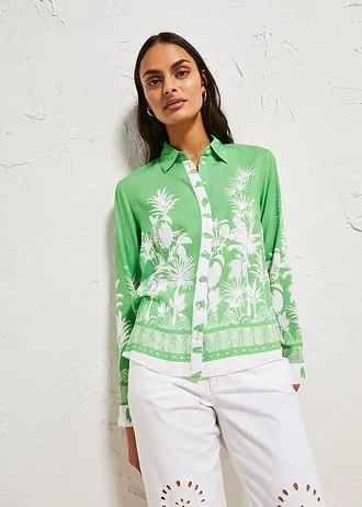 Chemisier en viscose fluide, dos plus long, Couleur: vert gazon/blanc imprimé