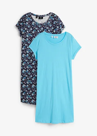 Shirtjurk van katoen met splitten opzij (set van 2), Kleur: donkerblauw gebloemd+effen Caraïbisch blauw