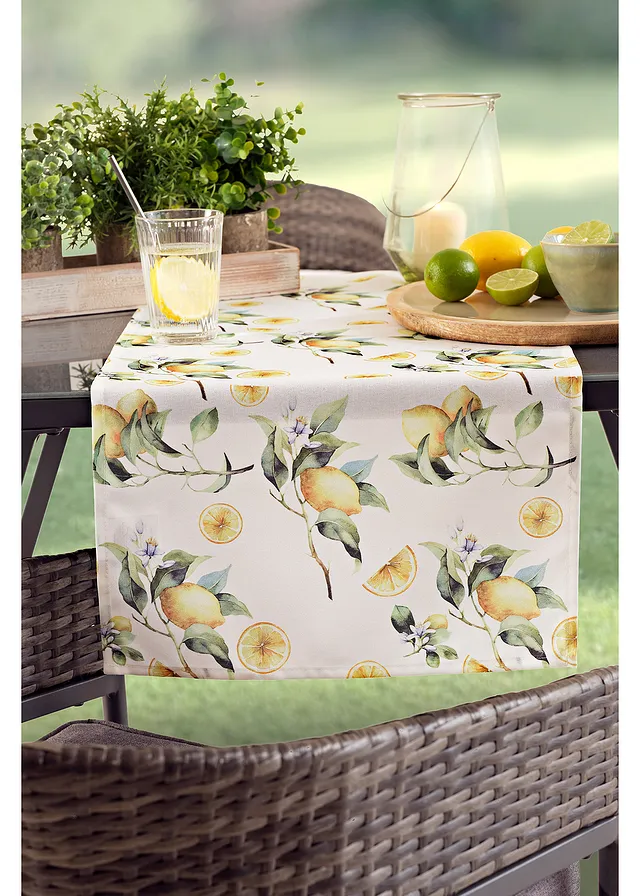 Faţă masă îngustă cu print vegetal cu lămâi