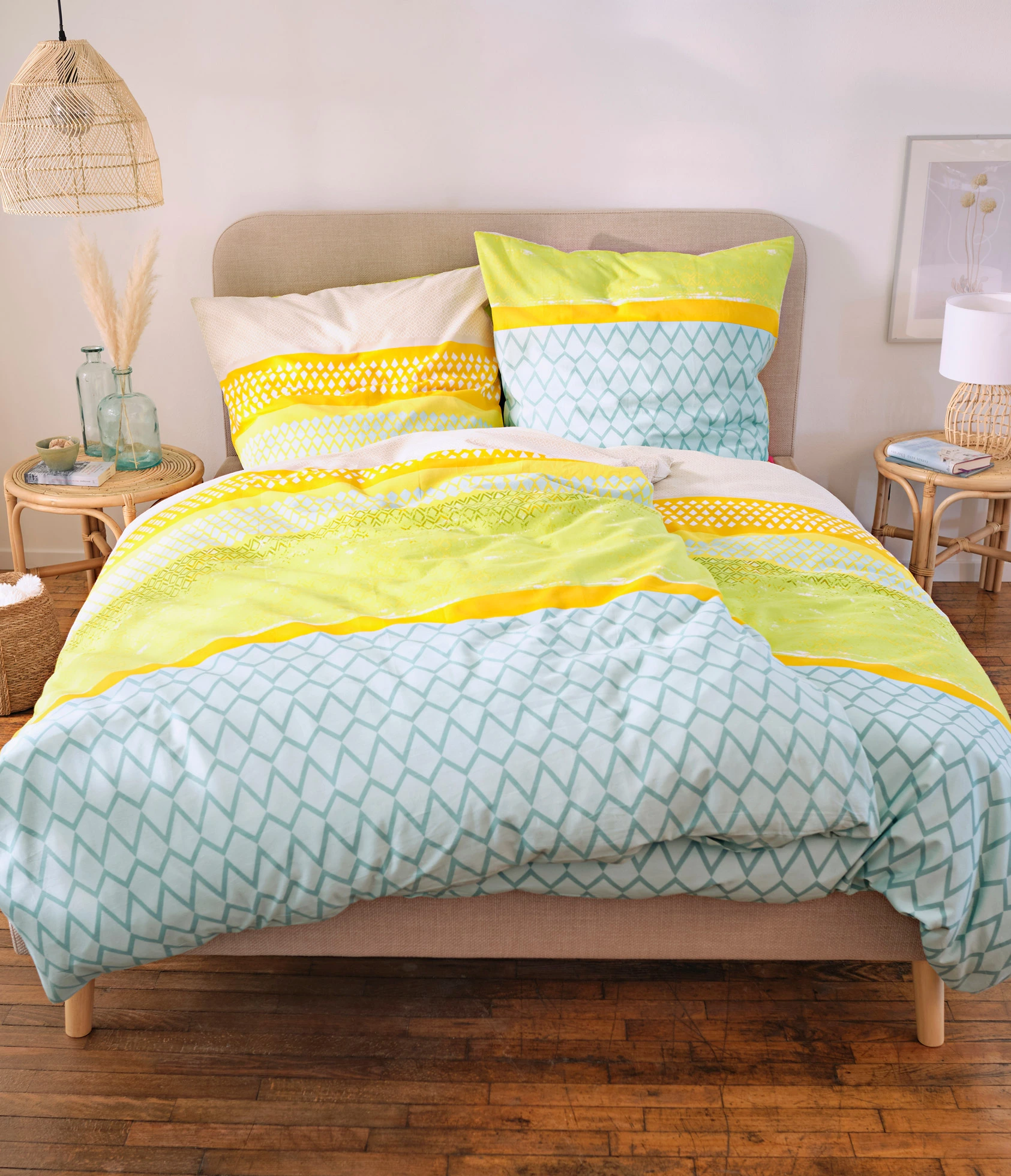 Parure de lit en linon • bleu/vert/jaune • Boutique bonprix