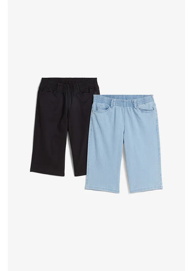 Lot de 2 bermudas extensibles, Couleur: noir - denim bleu clair