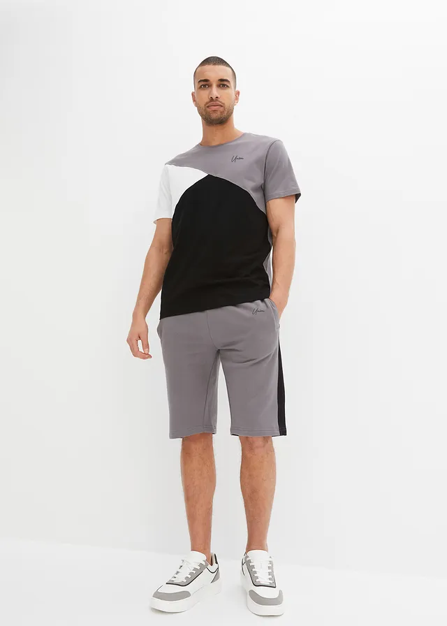 T-shirt en sweat bermuda (2-dlg. set), Kleur: zwart-donkerolijfgroen-wit